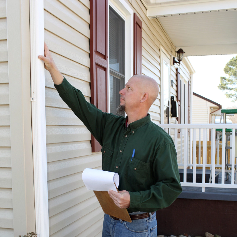 an inspector inspecting the house downspout gutter extension