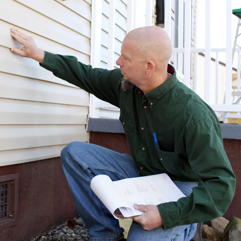 an inspector inspecting the house siding panels